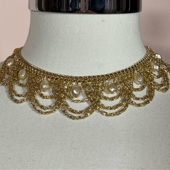 Vintage Jewelry - Vintage 80 90 Victorian Gold Chain Faux Pearl Collar Festoon Necklace